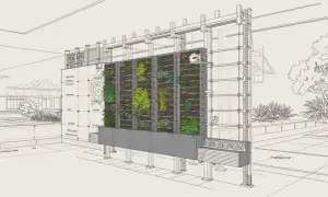 Detalle de planos de jardines verticales con plantas y estructura metálica.