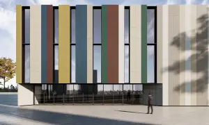 Edificio moderno con fachada de paneles verticales de colores, como si hubieran decidido enlucir pared exterior con un diseño vibrante.
