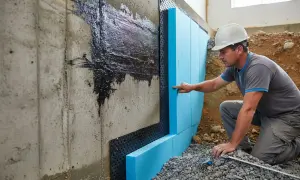 Obrero coloca paneles de poliestireno para impermeabilizar pared exterior de hormigón.