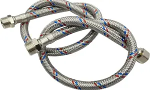 Latiguillo grifo con trenzado metálico y marcas rojas/azules. Ideal para conocer las medidas exactas de conexión.