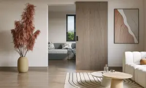 Instalar puerta corredera de madera en un salón moderno. Un jarrón con pampas secas y un cuadro abstracto decoran el espacio.