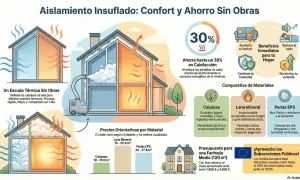 Ilustración de una vivienda unifamiliar con aislamiento insuflado, mostrando cómo mejora el confort y ahorra energía.