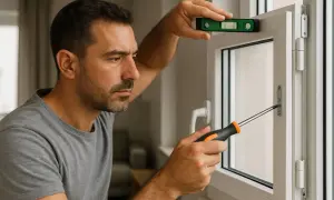 Hombre ajustando una ventana oscilobatiente que no cierra bien con un nivel y destornillador.