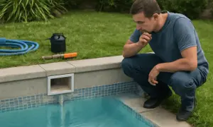 Hombre pensativo junto a la piscina, con herramientas para arreglar piscina.