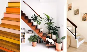 Ideas para decorar subida de escalera interior: escalones pintados, plantas y cuadros.