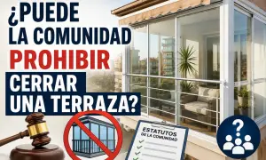 ¿Puede la comunidad prohibir cerrar una terraza? Imagen con martillo de juez, símbolo de prohibición y estatutos.