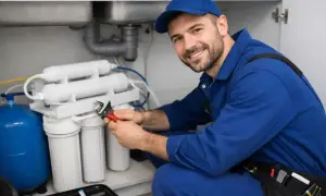 Técnico sonriente instala sistema de osmosis inversa bajo el fregadero.
