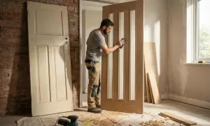 Hombre lijando una puerta moderna de madera con paneles de vidrio, un proyecto para modernizar puertas viejas.