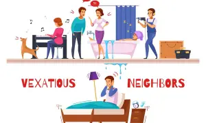 Ejemplos de ruidos molestos: un vecino toca el piano, otro discute, alguien se baña y un tercero usa un taladro. Abajo, un hombre intenta dormir sin éxito.