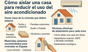 Infografía sobre cómo aislar una casa para reducir el uso del aire acondicionado, mostrando zonas clave, materiales y técnicas de aislamiento, incluyendo el sate interior.