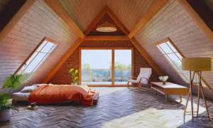 Acogedor dormitorio abuhardillado con cama naranja, mecedora y grandes ventanales. Ideal para **aprovechar buhardilla muy baja** con estilo y luz.