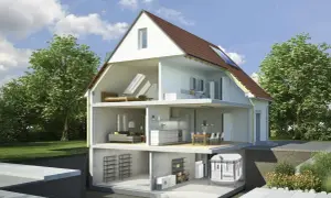 Corte de una casa mostrando habitaciones, sótano con la mejor caldera de pellets para radiadores y un tanque de almacenamiento.