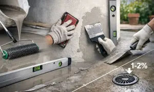 Manos con guantes aplican cemento para como nivelar un suelo de cemento. Se usan llana, rodillo y nivel.