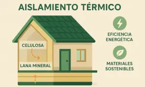 Casa con aislamiento térmico de celulosa y lana mineral. Eficiencia energética y materiales sostenibles.