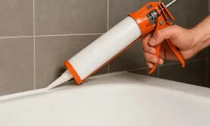 Mano aplicando silicona con pistola en la junta de una bañera. Guía para saber como poner silicona en la ducha.