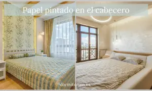 Dos dormitorios con papel pintado en el cabecero. Uno con un diseño floral azul y otro con textura beige.