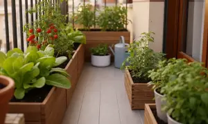 Un balcón transformado en un vibrante jardín urbano, con lechugas frescas y tomates rojos madurando en macetas de madera.