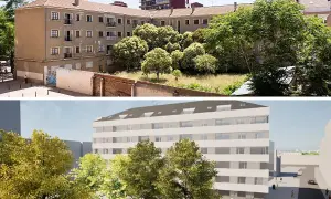 Edificio de apartamentos en construcción circular, con un diseño moderno y vistas a árboles.