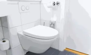 Instrucciones visuales para como instalar un inodoro al suelo. Baño moderno con inodoro suspendido, cisterna empotrada y portarrollos.