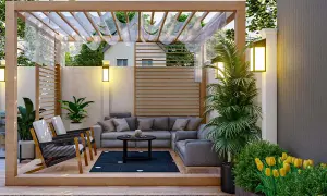 Un espacio acogedor con sofá, sillones y plantas, ideal para el diseño de jardines pequeños. Flores amarillas y luces cálidas crean un ambiente relajante.