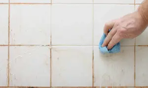 Mano limpiando juntas de azulejos sucias con un paño azul.