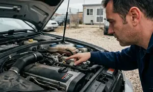 Hombre revisa el motor de un coche, preocupado por un posible ruido de motor en casa.