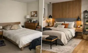 Transformación de un dormitorio: antes, un espacio sencillo; después, una **decoración de dormitorio** moderna con pared de lamas de madera y textiles acogedores.