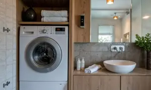 Lavaderos con encanto: lavadora blanca junto a un lavabo moderno con grifería cromada y un jarrón con plantas verdes.