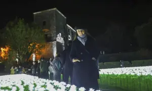 Mujer posa en un jardín infinito de luces blancas, con un edificio histórico al fondo.