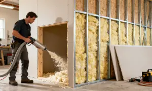 Hombre usando máquina para insonorizar pared, inyectando material aislante en cavidad.