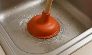 Desatascar fregadero con desatascador de goma naranja. El agua burbujea alrededor.