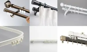 Seis tipos de rieles para cortinas: dobles de metal, negros con cortinas blancas, blancos dobles, curvos, rectos y de doble canal.