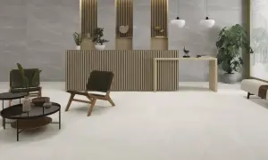 Recepción moderna con suelo cerámico o porcelánico de gran formato en tonos claros, mobiliario de madera y plantas.