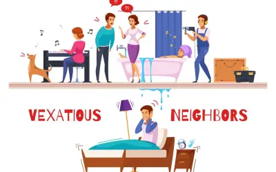 Ejemplos de ruidos molestos: un vecino toca el piano, otro discute, alguien se baña y un tercero usa un taladro. Abajo, un hombre intenta dormir sin éxito.
