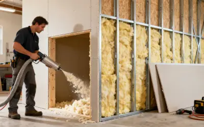 Hombre usando máquina para insonorizar pared, inyectando material aislante en cavidad.