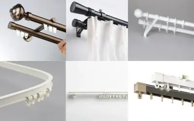 Seis tipos de rieles para cortinas: dobles de metal, negros con cortinas blancas, blancos dobles, curvos, rectos y de doble canal.