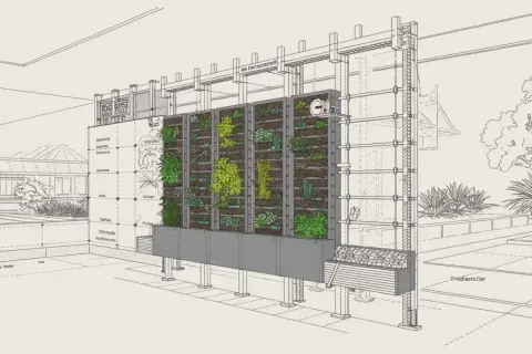 Detalle de planos de jardines verticales con plantas y estructura metálica.