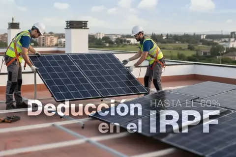 Instaladores colocan paneles solares en un tejado, promoviendo la deducción en el IRPF para desgravar eficiencia energética.