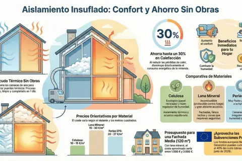 Ilustración de una vivienda unifamiliar con aislamiento insuflado, mostrando cómo mejora el confort y ahorra energía.