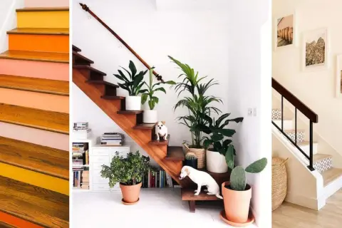 Ideas para decorar subida de escalera interior: escalones pintados, plantas y cuadros.