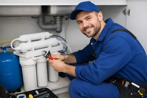 Técnico sonriente instala sistema de osmosis inversa bajo el fregadero.