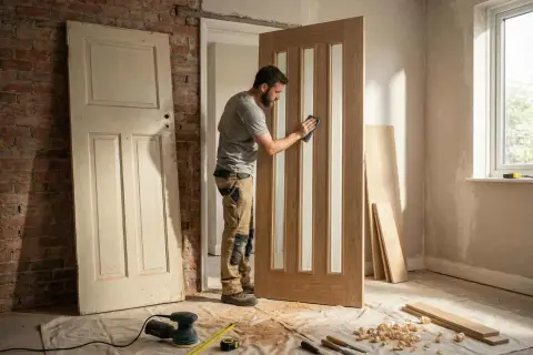 Hombre lijando una puerta moderna de madera con paneles de vidrio, un proyecto para modernizar puertas viejas.