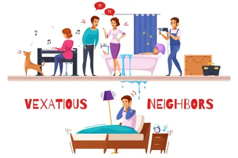 Ejemplos de ruidos molestos: un vecino toca el piano, otro discute, alguien se baña y un tercero usa un taladro. Abajo, un hombre intenta dormir sin éxito.