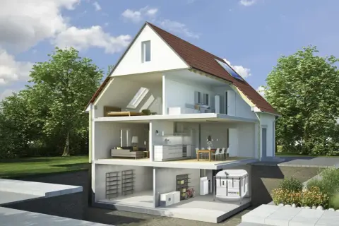 Corte de una casa mostrando habitaciones, sótano con la mejor caldera de pellets para radiadores y un tanque de almacenamiento.