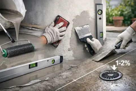 Manos con guantes aplican cemento para como nivelar un suelo de cemento. Se usan llana, rodillo y nivel.
