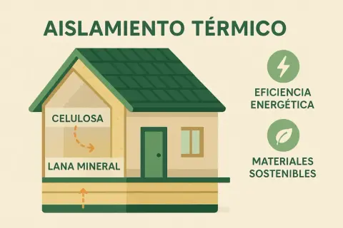 Casa con aislamiento térmico de celulosa y lana mineral. Eficiencia energética y materiales sostenibles.