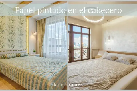 Dos dormitorios con papel pintado en el cabecero. Uno con un diseño floral azul y otro con textura beige.