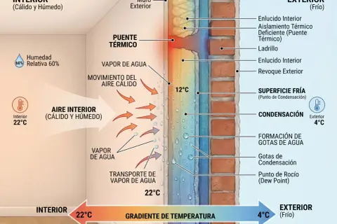 Ilustración de un puente térmico en un muro, mostrando la transferencia de calor y vapor de agua del interior cálido al exterior frío, causando condensación.
