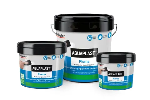 Tres cubos de AGUAPLAST Pluma, masilla ligera para reparar grietas y agujeros en paredes y techos. Ideal como sustituto del yeso.