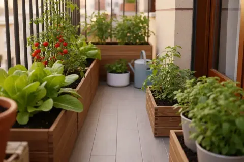 Un balcón transformado en un vibrante jardín urbano, con lechugas frescas y tomates rojos madurando en macetas de madera.